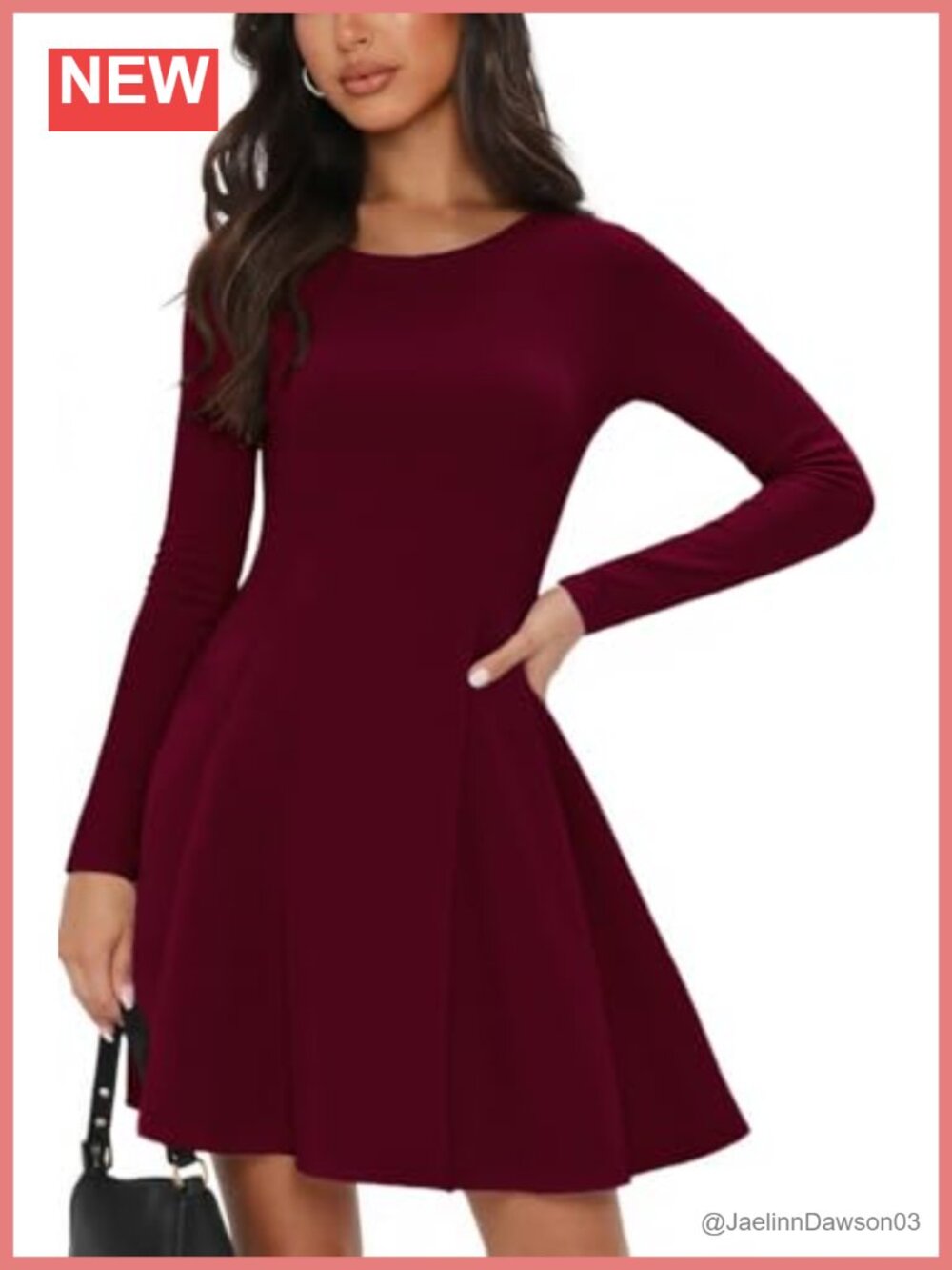 Long Sleeve Pleated Babydoll Mini Dress A-Line Crewneck Lined